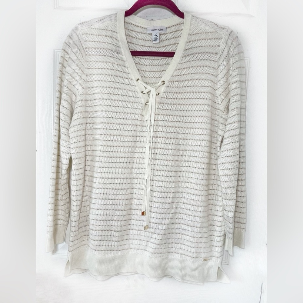 - New Calvin Klein Knit Sweatshirt‎ Striped Cream lace Up Long Sleeve Women…
